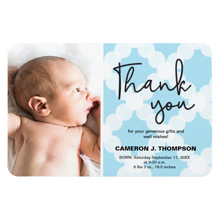 Blue Thank You Baby Boy Photo Birth announcement Magnet | Zazzle