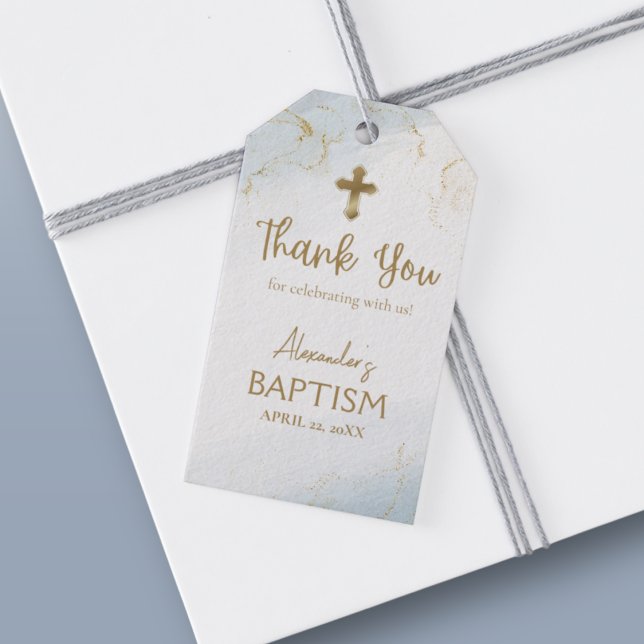 Blue Thank You Gold Cross Boy Baptism Gift Tags (Creator Uploaded)