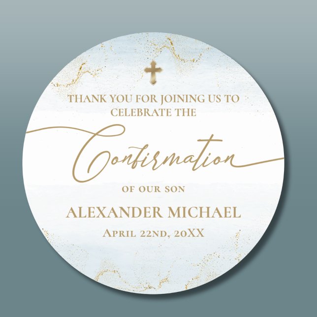 Blue Thank You Gold Cross Boy Confirmation Classic Round Sticker (Creator Uploaded)