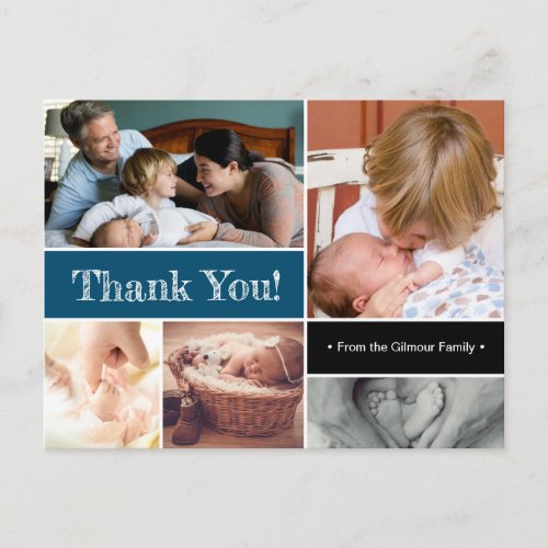 Blue Thank You Introducing Second baby Photos Announcement Postcard