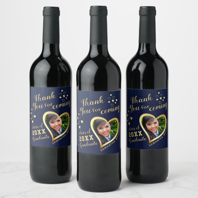 Blue Thank You Photo Graduation Party Favor Wine Label (Bottles)