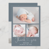 Blue thank you script heart 4 photos baby birth announcement