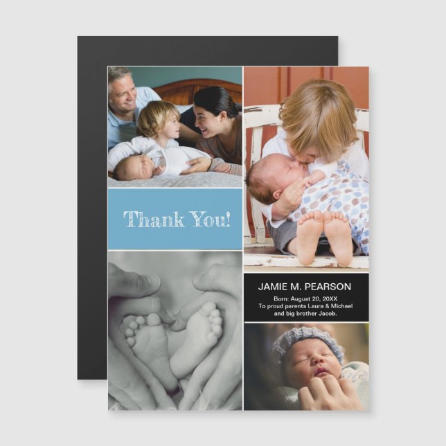 Blue Thank You Welcoming 2nd Baby Photo Collage Magnetic Invitation (Front/Back)
