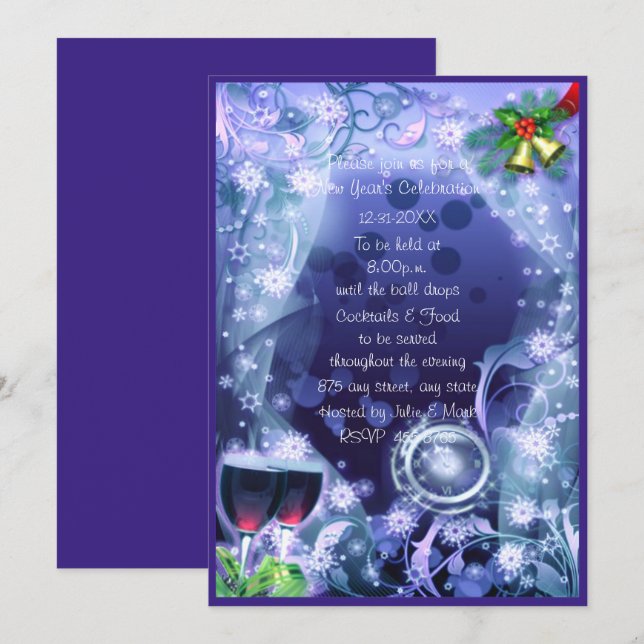 Blue The Clock Strikes 12 New Year's Party Invitation (Front/Back)