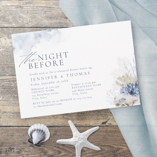 Blue the night before coral & seashells beach invitation (Blue the night before coral & seashells beach invitation)