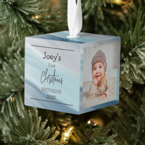 blue theme baby first Christmas three Photo  Cube Ornament