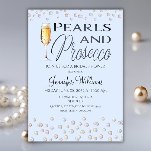 Blue Theme Pearls and Prosecco Bridal Shower Invitation