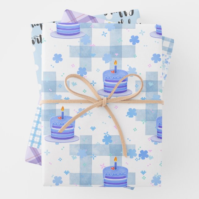 Blue-Themed Birthday Wrapping Paper Sheets (In situ)