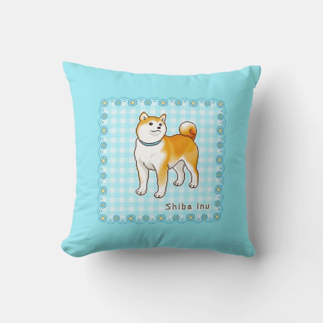 Blue-Themed Shiba Inu Pixel Art Throw Pillow (Front)