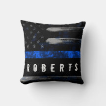 BLUE Thin Line Distressed Flag Name Pillow