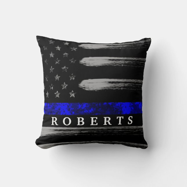 BLUE Thin Line Grunge Flag Name Pillow (Front)