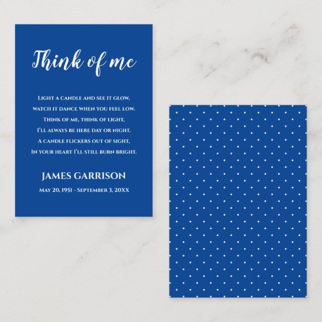Blue Think Of Me Celebration of Life Candle Place Card (Front/Back)