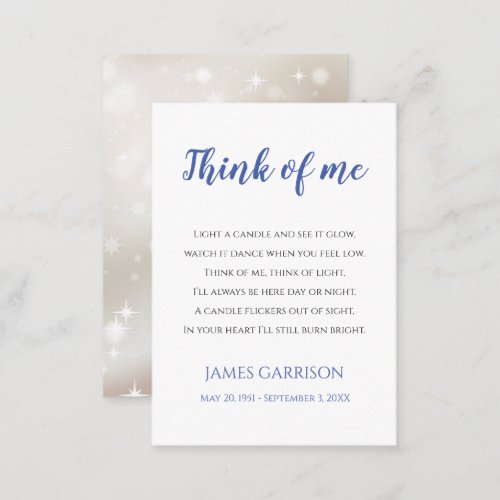 Blue Think Of Me Celebration of Life Candle Place Card