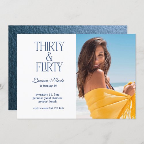 Blue Thirty  Flirty Typography Photo 30 Birthday Invitation