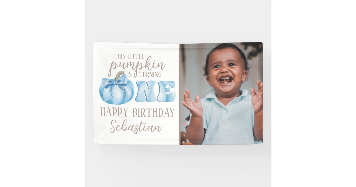 Blue This Little Pumpkin Photo 1st Birthday Party Banner | Zazzle