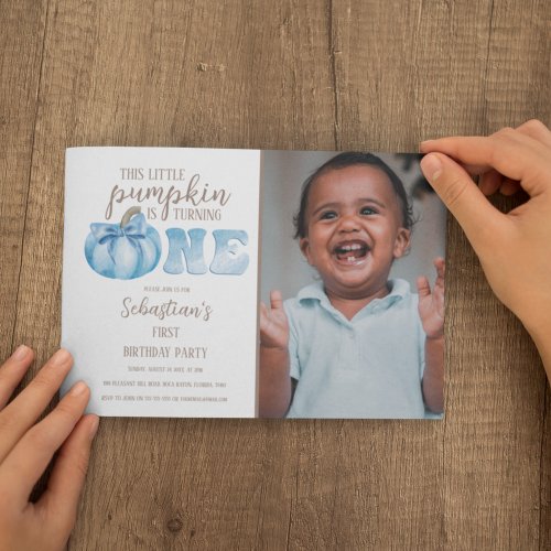 Blue This Little Pumpkin Photo 1st Birthday Party Invitation