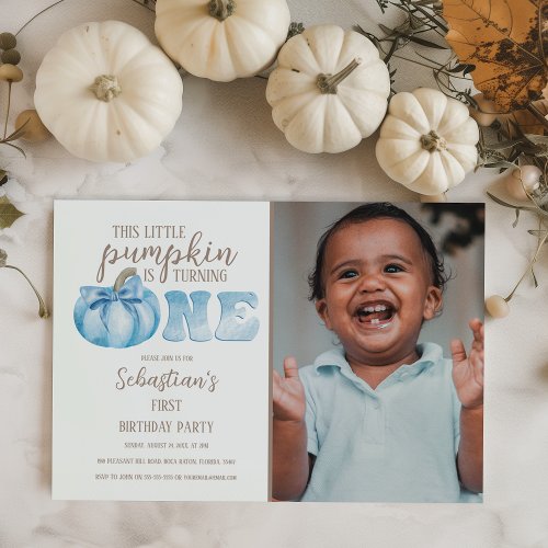 Blue This Little Pumpkin Photo 1st Birthday Party Invitation