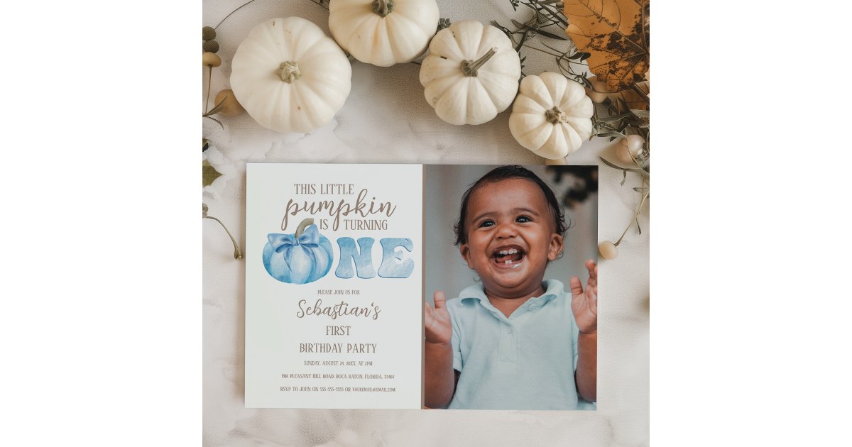 Blue This Little Pumpkin Photo 1st Birthday Party Invitation | Zazzle