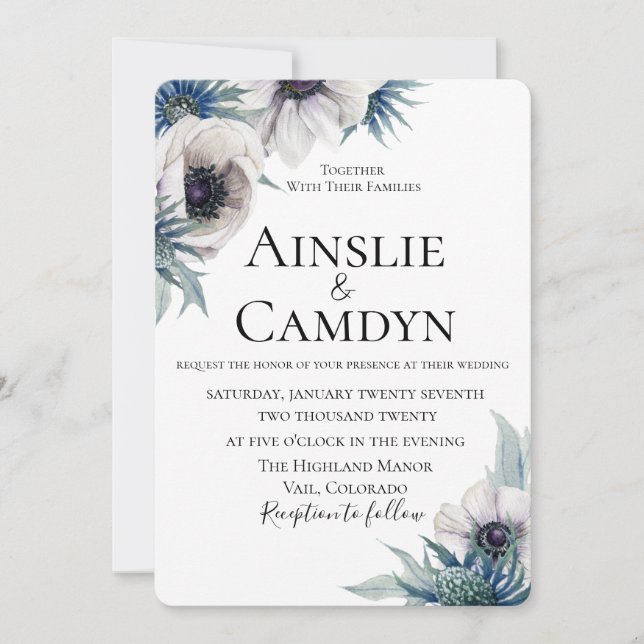 Blue Thistle Anemone Wedding Invitation (Front)