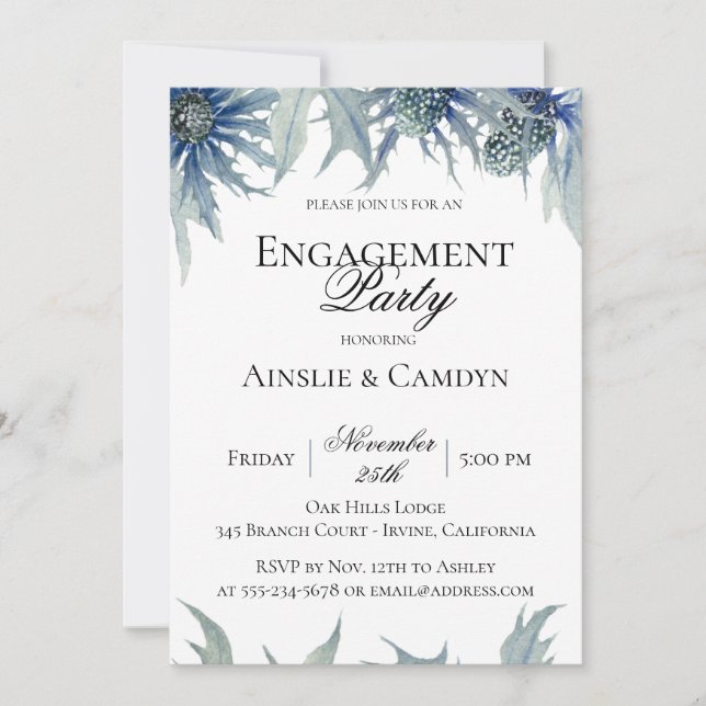 Blue Thistle Botanical Engagement Party Invitation (Front)