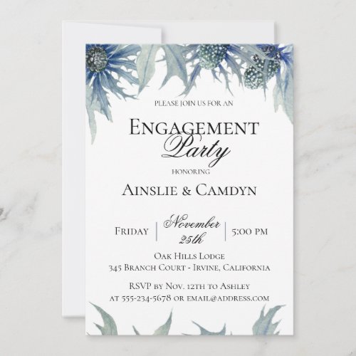 Blue Thistle Botanical Engagement Party Invitation