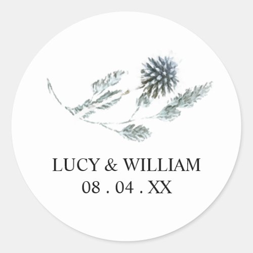 Blue thistle botanical floral wedding thank you  classic round sticker