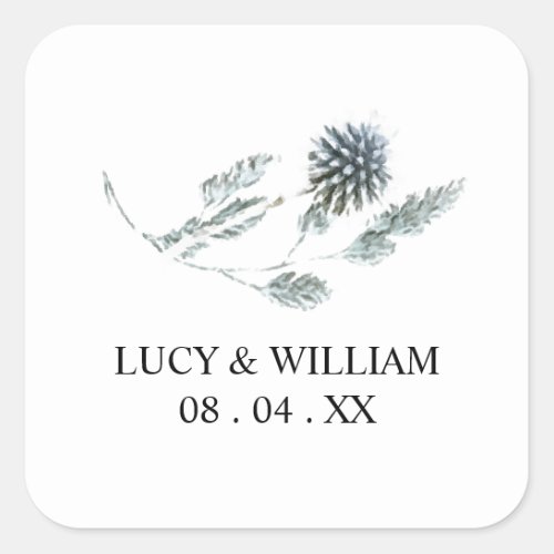 Blue thistle botanical floral wedding thank you  square sticker