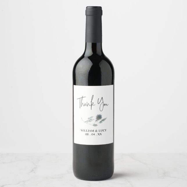 Blue thistle botanical floral wedding thank you  wine label (Front)