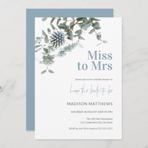 Blue Thistle Botanical Miss to Mrs Bridal Shower   Invitation