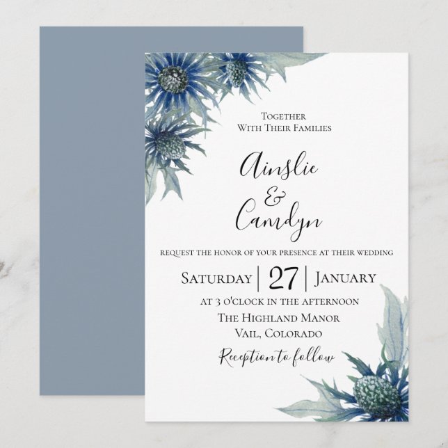 Blue Thistle  Botanical Wedding Invitation (Front/Back)