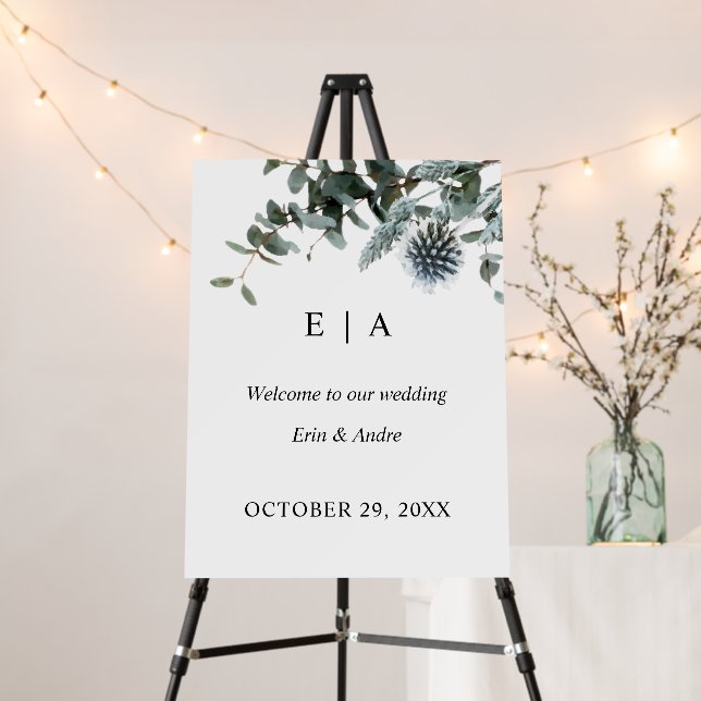 Blue Thistle Eucalyptus Floral Wedding Welcome Foam Board (In Situ (Stand))