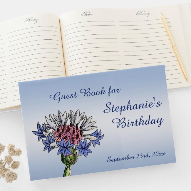 Blue Thistle Flower Birthday Guest Book