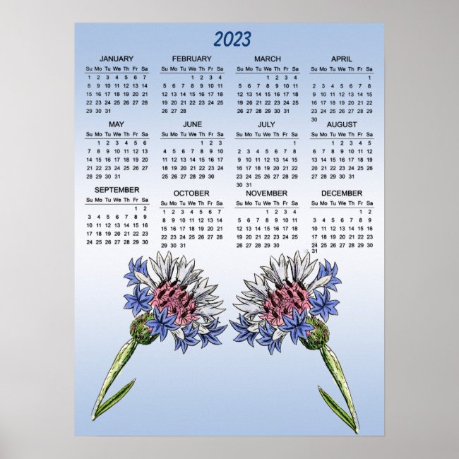 Blue Thistle Flowers 2023 Calendar Poster
