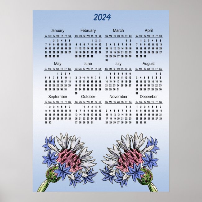 Blue Thistle Flowers 2024 Calendar Poster