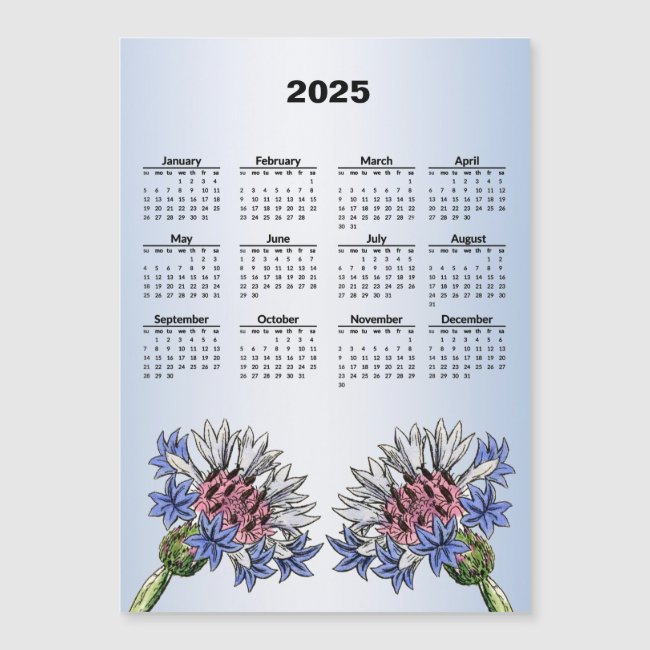 Blue Thistle Flowers 2025 Calendar Magnetic Card