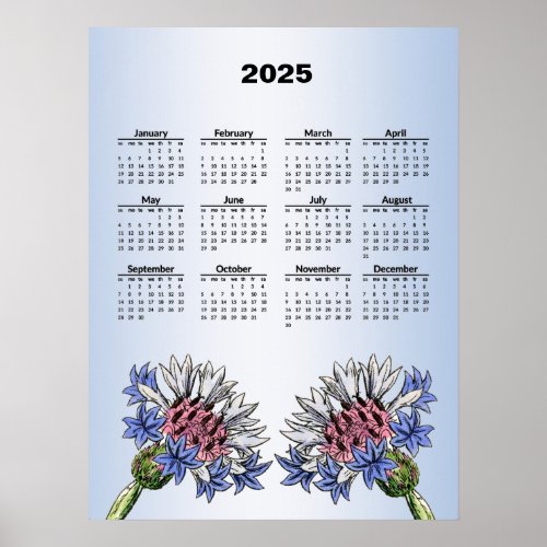 Blue Thistle Flowers 2025  Calendar Poster