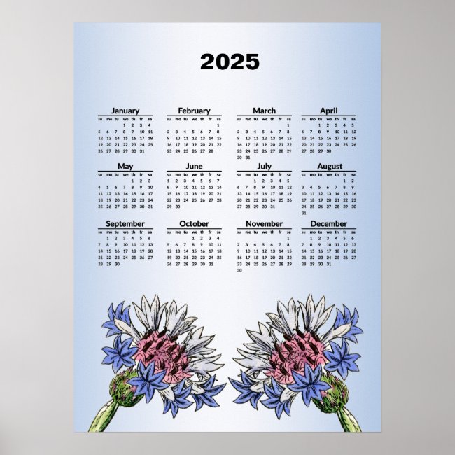 Blue Thistle Flowers 2025 Calendar Poster