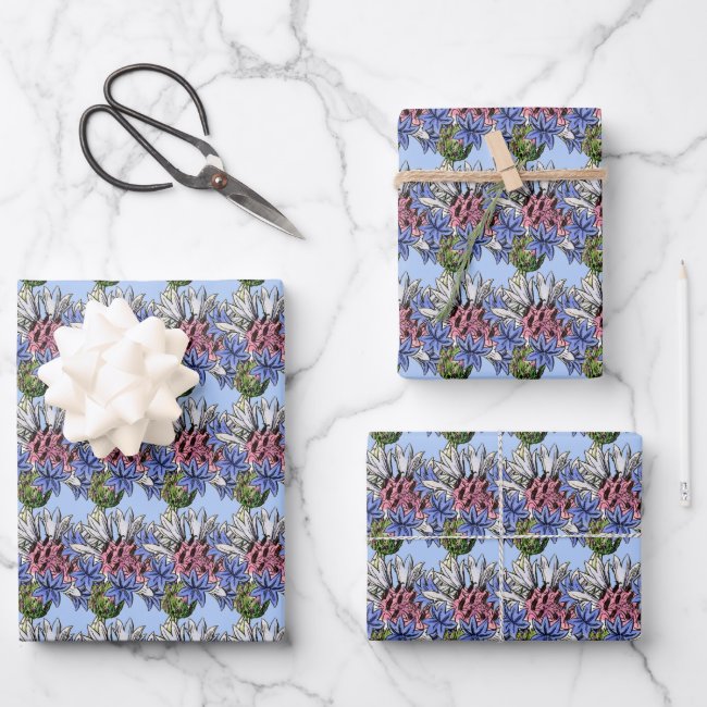 Blue Thistle Flowers Pattern Set of Wrapping Paper