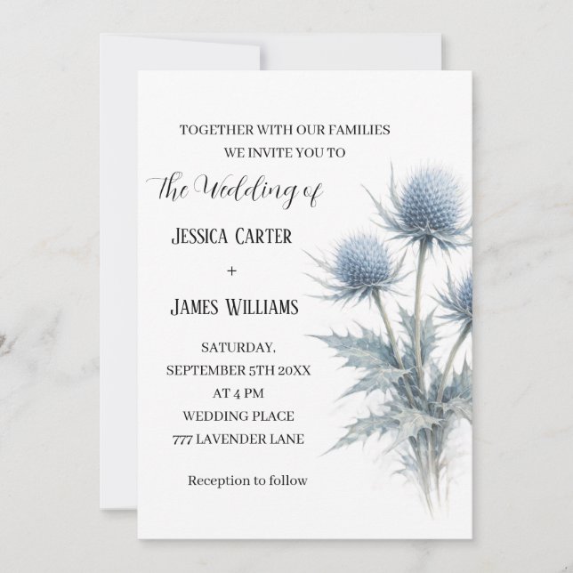 Blue Thistle Scottish Scotland Simple Wedding Invitation (Front)