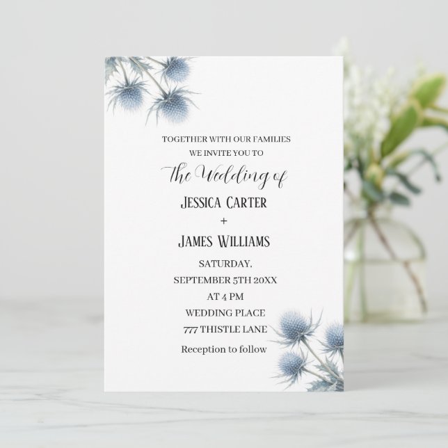 Blue Thistle Scottish Scotland Simple Wedding Invitation (Standing Front)