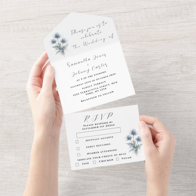 Blue Thistle Scottish Simple Floral Wedding All In One Invitation (Tearaway)