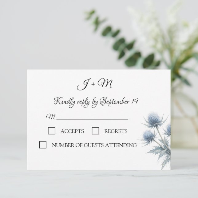 Blue Thistle Scottish Simple Wedding RSVP Card (Standing Front)