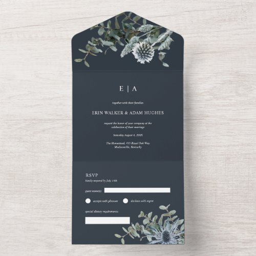 Blue Thistle Watercolor Eucalyptus Wedding All In One Invitation