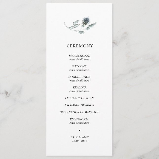 Blue thistle wedding ceremony program (Front)