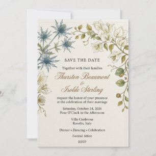 Blue Thistle, White Bougainvillea, Border Frame, a Invitation
