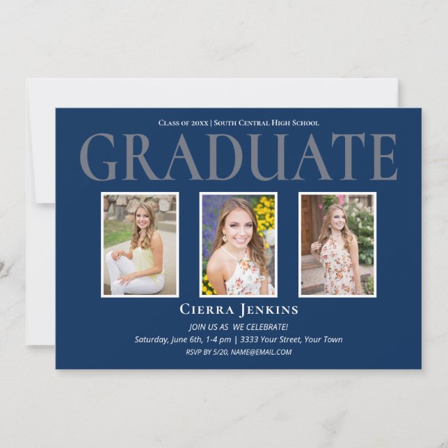 Blue Three Photo Graduation Party Invitation (Front)
