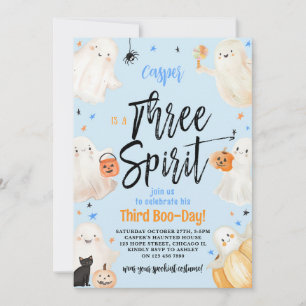 Blue Three Spirit Halloween Third Birthday Party   Invitation