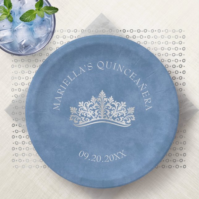 Blue Tiara Crown Elegant Quinceanera Paper Plates (Creator Uploaded)