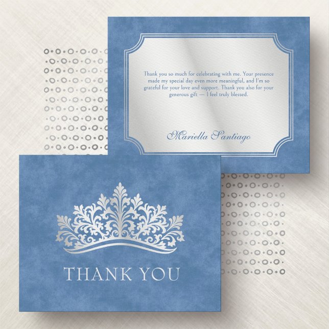 Blue Tiara Crown Elegant Quinceanera Thank You Card (Creator Uploaded)