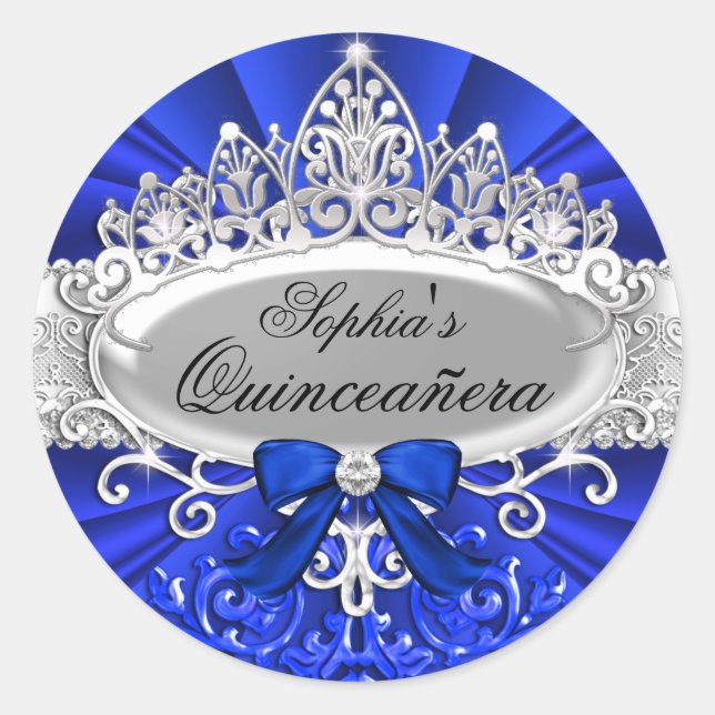 Blue Tiara & Damask Quinceanera Sticker (Front)